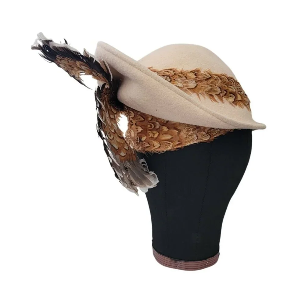 Vintage Cream Wool Derby Hat w/ Feather Embellishments By Jack McConnell 21" - Picture 2 of 6